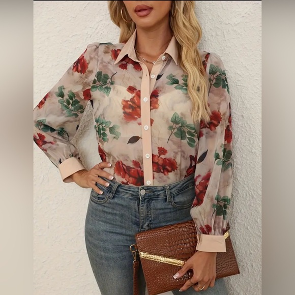 Passion of Essence Tops - Floral Button-Down Blouse | Lightweight Slightly Sheer Long Sleeve Collared Top